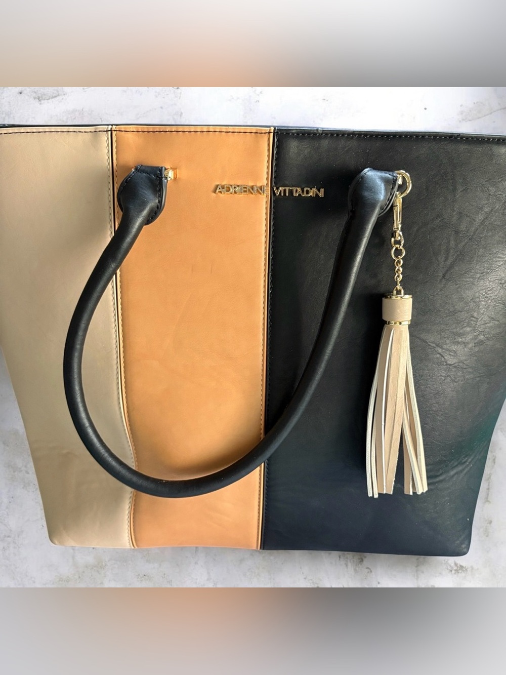 Adrienne Vittadini Large Tri-Color Vertical Panel Tote in Black, Tan, Cream (v)